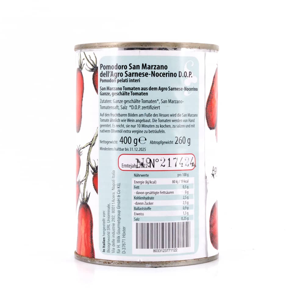 Agrigenus Pomodoro S. Marzano dell`Agro Sarnese-Nocerino D.O.P. Ganze geschälte Tomaten 260 Gramm Abtropfgewicht Produktbild
