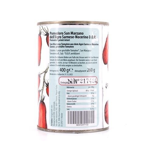 Agrigenus Pomodoro S. Marzano dell`Agro Sarnese-Nocerino D.O.P. ganze geschälte Tomaten im eigenen Saft 400g 260 Gramm Abtropfgewicht Produktbild