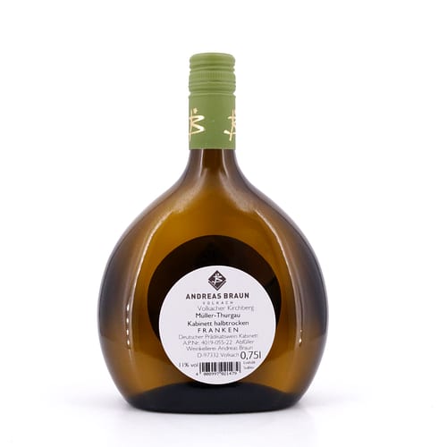 Andreas Braun Volkacher Kirchberg Müller-Thurgau Kabinett Jahrgang 2022 / 2023 halbtrocken 0,750 Liter/ 11.0% vol Produktbild