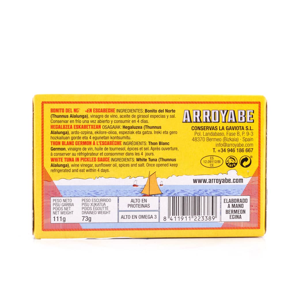 Arroyabe Bonito del Norte in Escabèche Sauce 111g Dose 73 Gramm Abtropfgewicht Produktbild