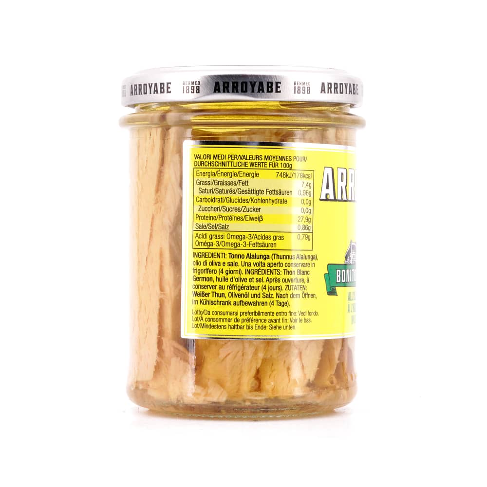 Arroyabe Weißer Thunfisch in Olivenöl Thunfisch- Filets in Olivenöl 185g 125 Gramm Abtropfgewicht Produktbild