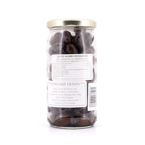 Beauharnais-CARLANT Olives Noires Soulas Picholines du Gard Schwarze Oliven 200 Gramm Abtropfgewicht Produktbild