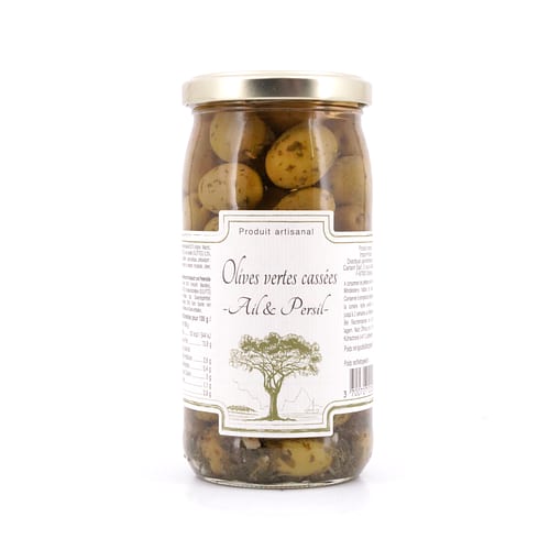 Beauharnais-CARLANT Olives vertes cassées -Ail & Persil- Zerbrochene grüne Oliven mit Knoblauch und Petersilie 350g 200 Gramm Abtropfgewicht Produktbild