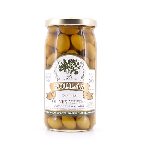 Beauharnais-CARLANT Olives vertes Soulas Picholines du Gard Grüne Oliven 350g 200 Gramm Abtropfgewicht Produktbild
