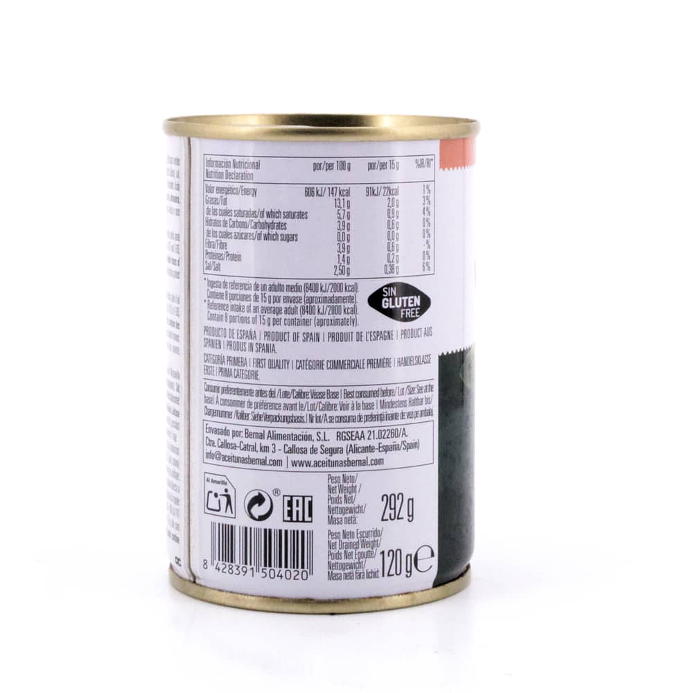 Bernal Grüne Oliven gefüllt mit Knoblauchpaste 292g Dose 120 Gramm Abtropfgewicht Produktbild