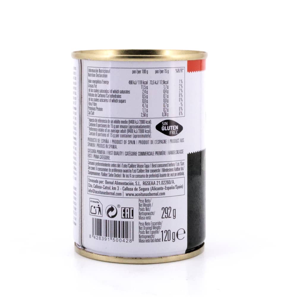 Bernal Grüne Oliven gefüllt mit Pfefferpaste 292g Dose 120 Gramm Abtropfgewicht Produktbild