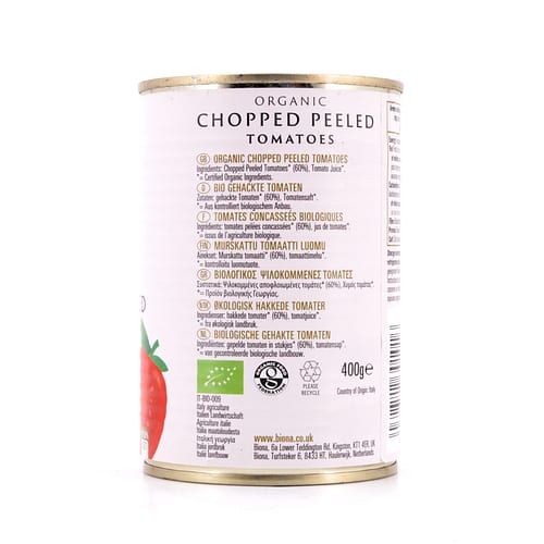 Biona Organic Chopped Peeled Tomatoes Gehackte, geschälte Tomaten in reichhaltigen Tomatensaft 400 Gramm Produktbild
