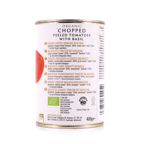 Biona Organic Chopped Peeled Tomatoes With Basil Gehackte, geschälte Tomaten in reichhaltigen Tomatensaft mit Basilikum 400 Gramm Produktbild
