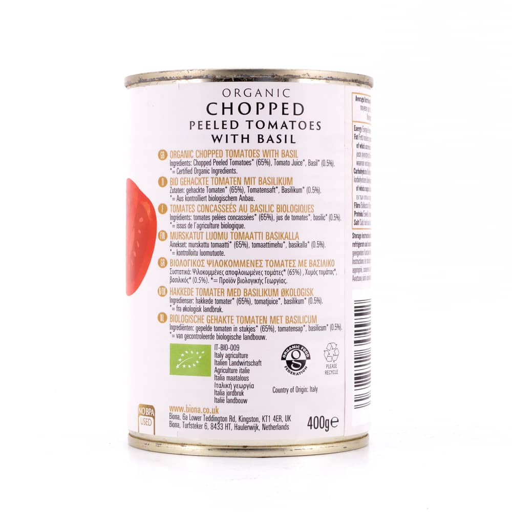 Biona Organic Chopped Peeled Tomatoes With Basil Gehackte, geschälte Tomaten in reichhaltigen Tomatensaft mit Basilikum 400 Gramm Produktbild