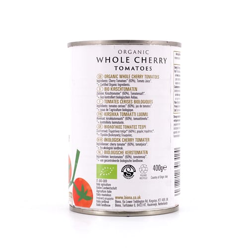 Biona Organic Whole Cherry Tomatoes Kirschtomaten im Ganzen in reichhaltigen Tomatensaft 400 Gramm Produktbild