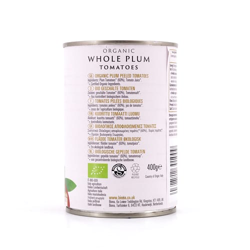 Biona Organic Whole Plum Tomatoes Pflaumentomaten im Ganzen in reichhaltigen Tomatensaft 400 Gramm Produktbild