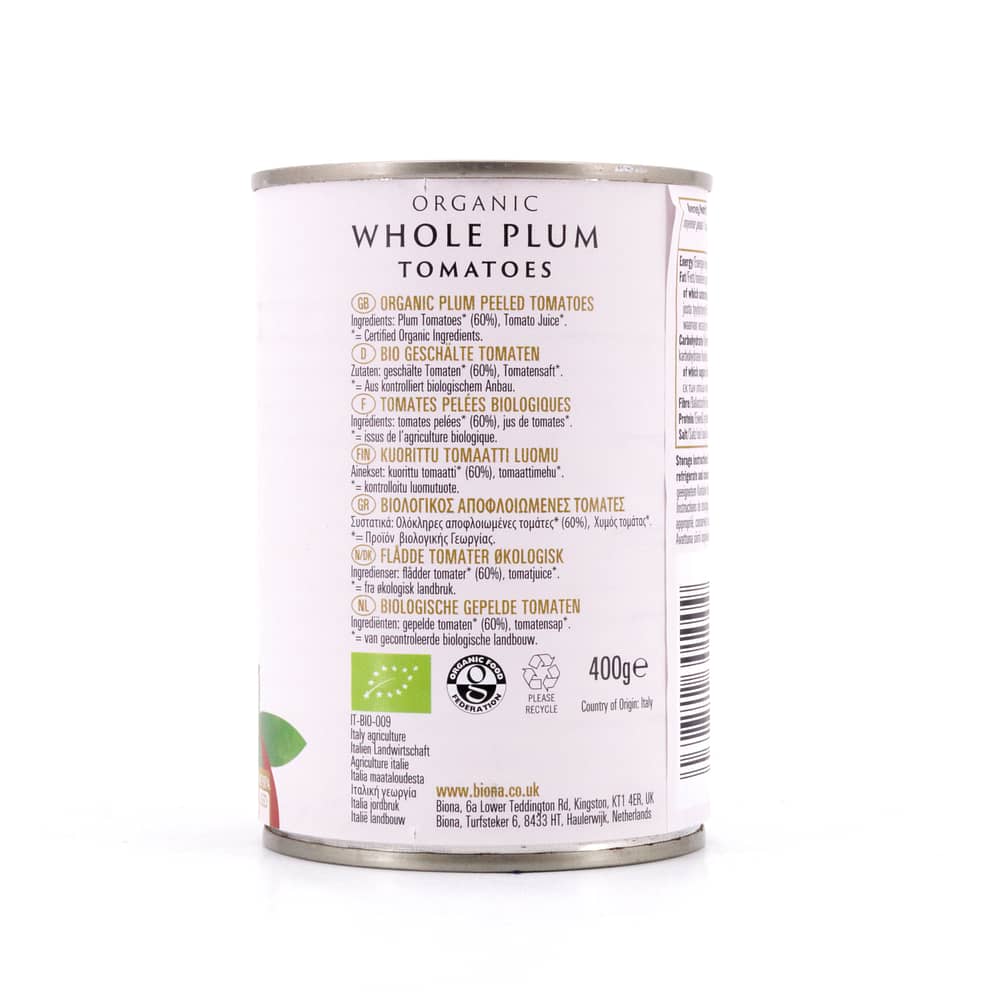 Biona Organic Whole Plum Tomatoes Pflaumentomaten im Ganzen in reichhaltigen Tomatensaft 400 Gramm Produktbild