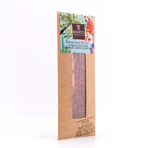BOVETTI Chocolat Au Lait Roses Cristallisées Milchschokolade mit kandierten Rosenblütenstückchen 50 Gramm Produktbild