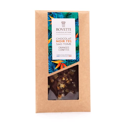 BOVETTI Chocolat Sao Tomé 73% Oranges Confites Zartbitterschokolade mit kandierten Orangen 100 Gramm Produktbild