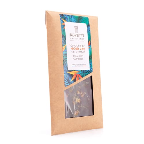 BOVETTI Chocolat Sao Tomé 73% Oranges Confites Zartbitterschokolade mit kandierten Orangen 100 Gramm Produktbild