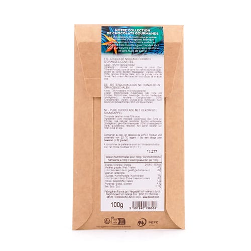 BOVETTI Chocolat Sao Tomé 73% Oranges Confites Zartbitterschokolade mit kandierten Orangen 100 Gramm Produktbild