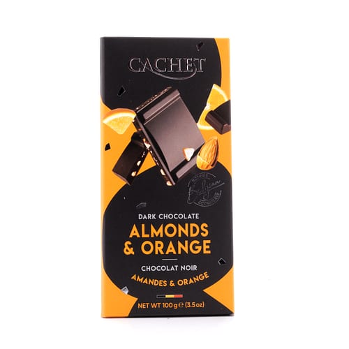Cachet Dark Chocolate Almonds & Orange Zartbitterschokolade mit Mandelstücke und kandierten Orangenzesten 100 Gramm Produktbild