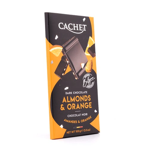 Cachet Dark Chocolate Almonds & Orange Zartbitterschokolade mit Mandelstücke und kandierten Orangenzesten 100 Gramm Produktbild