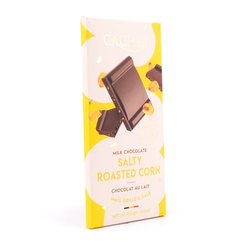 Cachet Milk Chocolate Salty Roasted Corn Vollmilchschokolade mit gerösteter Maisstücke und Meersalz 100 Gramm Produktbild