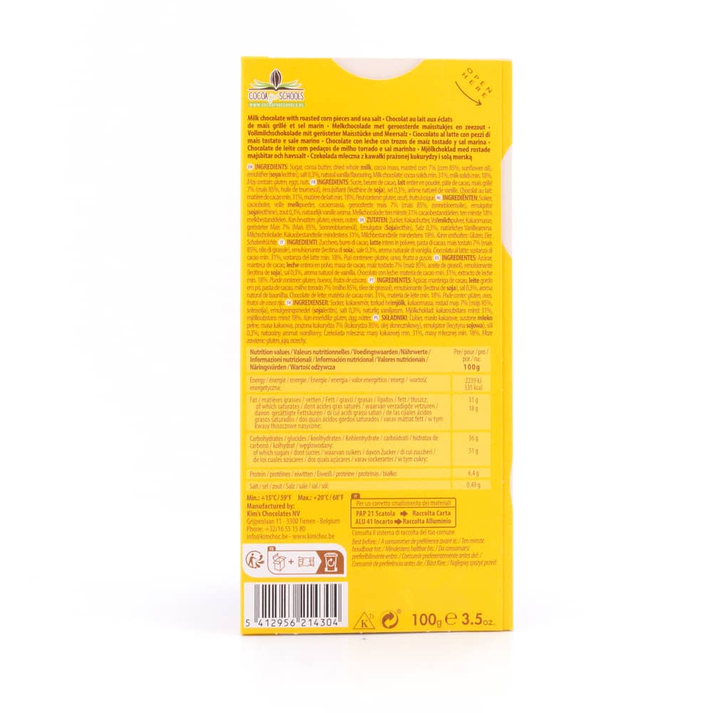 Cachet Milk Chocolate Salty Roasted Corn Vollmilchschokolade mit gerösteter Maisstücke und Meersalz 100 Gramm Produktbild