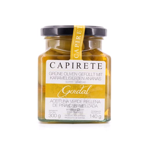 Capirete Gordal grüne Oliven gefüllt mit karamellisierten Ananas 300g 140 Gramm Abtropfgewicht Produktbild