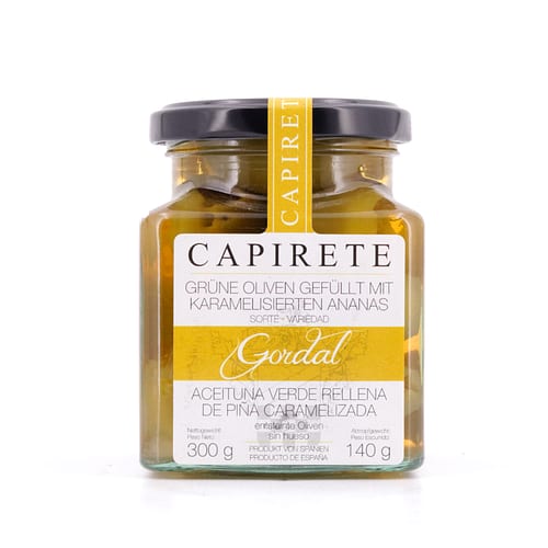 Capirete Gordal grüne Oliven gefüllt mit karamellisierten Ananas 300g 140 Gramm Abtropfgewicht Produktbild