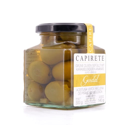 Capirete Gordal grüne Oliven gefüllt mit karamellisierten Ananas 300g 140 Gramm Abtropfgewicht Produktbild