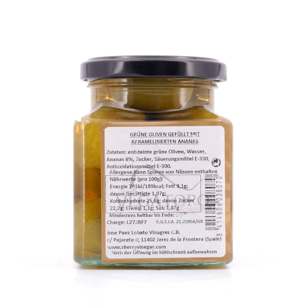 Capirete Gordal grüne Oliven gefüllt mit karamellisierten Ananas 300g 140 Gramm Abtropfgewicht Produktbild