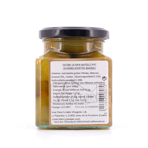 Capirete Gordal grüne Oliven gefüllt mit karamellisierten Ananas 300g 140 Gramm Abtropfgewicht Produktbild