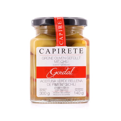 Capirete Gordal grüne Oliven mit Chili 300g 140 Gramm Abtropfgewicht Produktbild
