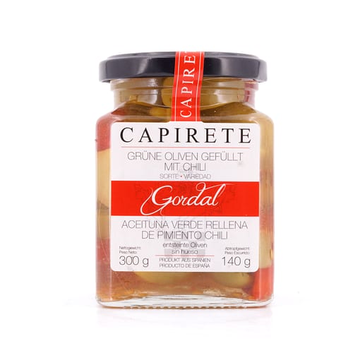 Capirete Gordal grüne Oliven mit Chili 300g 140 Gramm Abtropfgewicht Produktbild