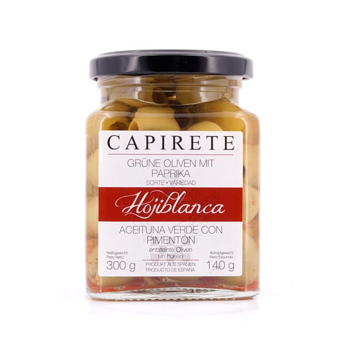 Capirete Hojiblanca grüne Oliven mit Paprika 300g 140 Gramm Abtropfgewicht Produktbild