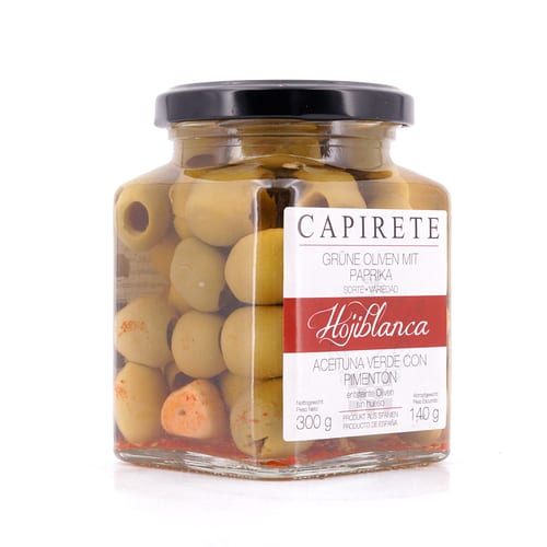 Capirete Hojiblanca grüne Oliven mit Paprika 300g 140 Gramm Abtropfgewicht Produktbild
