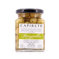 Capirete Manzanilla Oliven grüne Oliven mit Kräutern 300g Produktbild