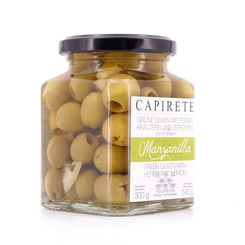 Capirete Manzanilla Oliven grüne Oliven mit Kräutern 300g 140 Gramm Abtropfgewicht Produktbild