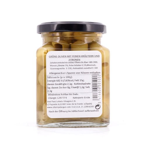 Capirete Manzanilla Oliven grüne Oliven mit Kräutern 300g 140 Gramm Abtropfgewicht Produktbild