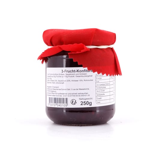 Confiture artisanale Frits rouges 3 rote Früchte: Erdbeer-Himbeer- & Sauerkirsch Konfitüre 250 Gramm Produktbild