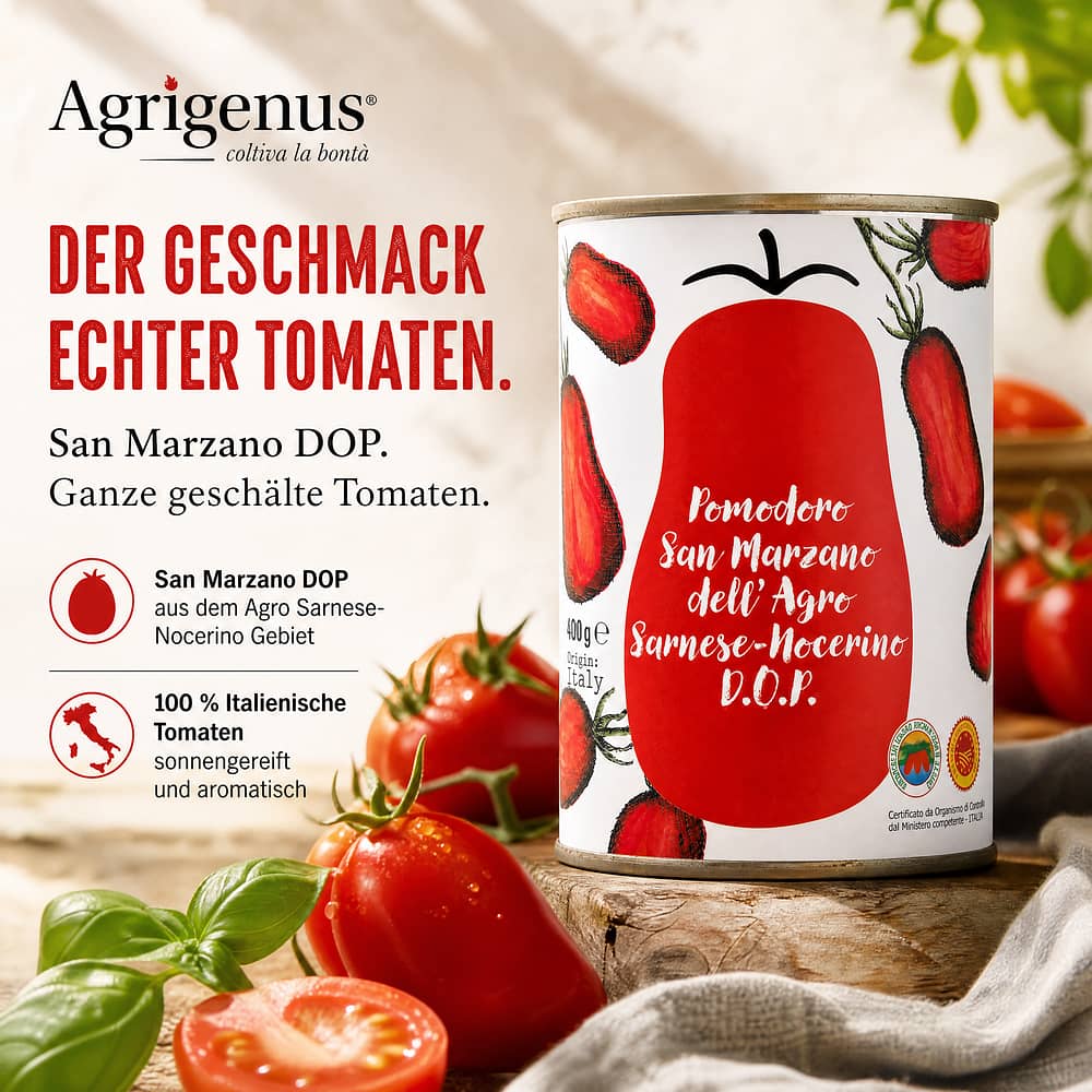 Agrigenus Pomodoro S. Marzano dell`Agro Sarnese-Nocerino D.O.P. Ganze geschälte Tomaten 260 Gramm Abtropfgewicht Produktbild