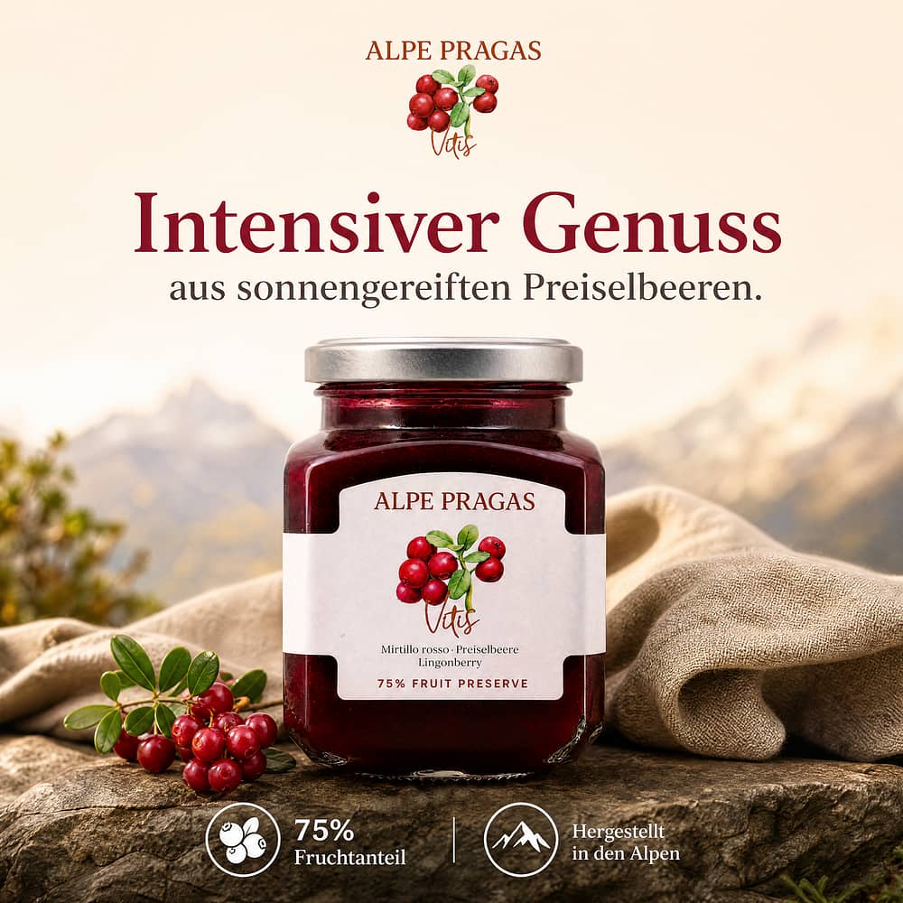 Alpe Pragas Fruchtaufstrich Vitis (Preisselbeere) mit 75% Fruchtanteil 335 Gramm Produktbild