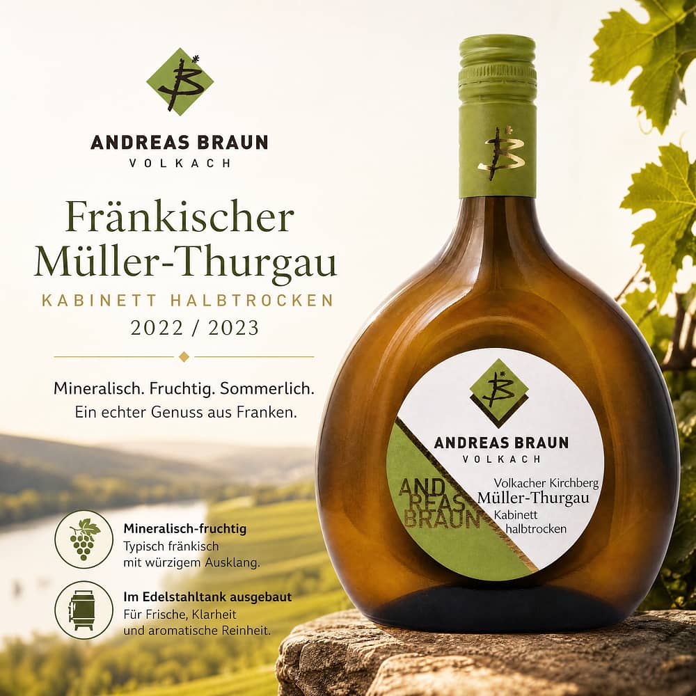 Andreas Braun Volkacher Kirchberg Müller-Thurgau Kabinett Jahrgang 2022 / 2023 halbtrocken 0,750 Liter/ 11.0% vol Produktbild