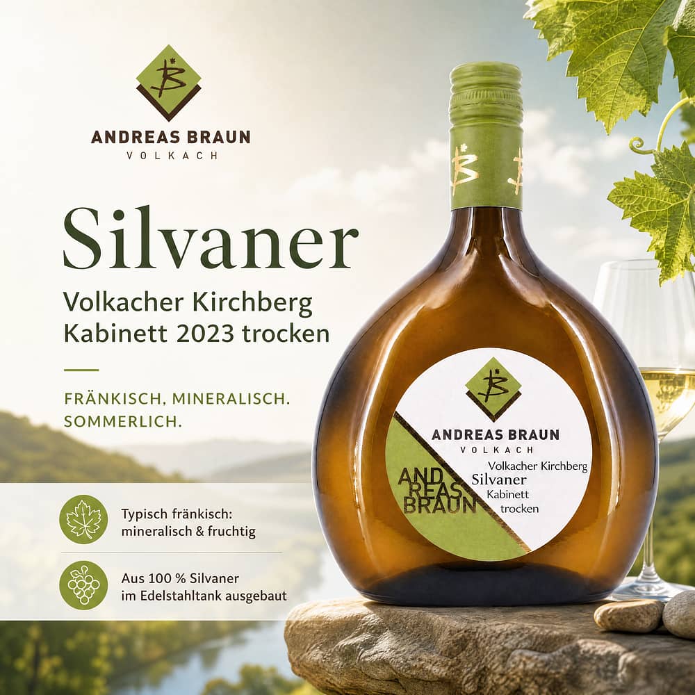 Andreas Braun Volkacher Kirchberg Silvaner Kabinett Jahrgang 2023 trocken 0,750 Liter/ 11.5% vol Produktbild