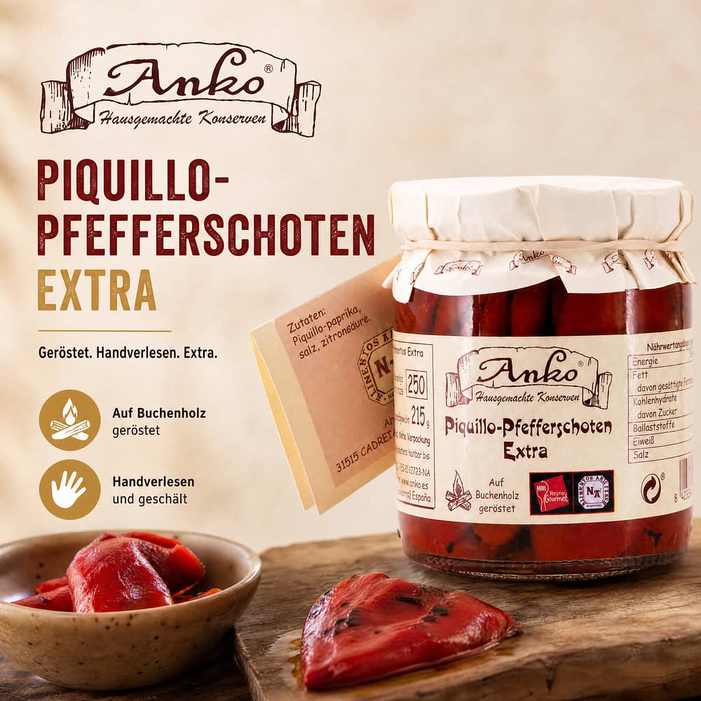 Anko Pimiento del Piquillo Extra geröstete Pfefferschoten 215 Gramm Abtropfgewicht Produktbild