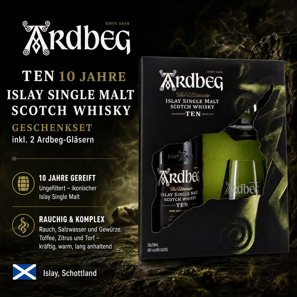 Ardbeg TEN 10 Jahre Geschenkset inkl. 2 Ardbeg-Gläsern 0,70 Liter/ 46.0% vol Produktbild
