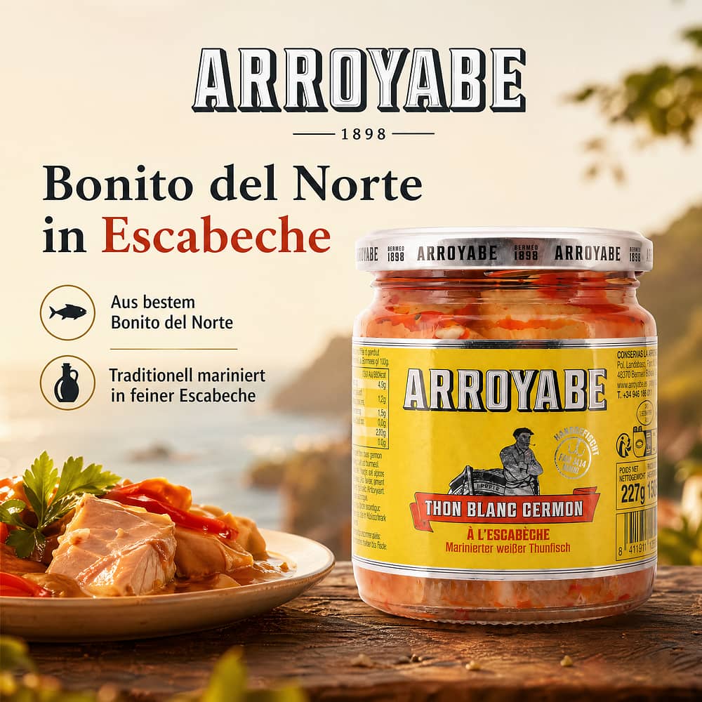 Arroyabe Bonito del Norte in Escabèche Sauce 227g Glas 150 Gramm Abtropfgewicht Produktbild