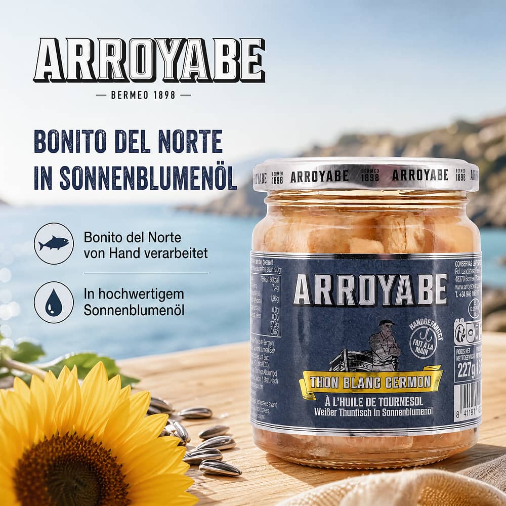 Arroyabe Bonito del Norte in Sonnenblumenöl 227g Glas 150 Gramm Abtropfgewicht Produktbild