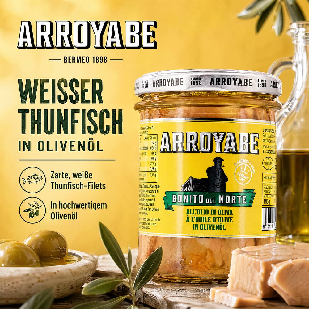 Arroyabe Weißer Thunfisch in Olivenöl Thunfisch- Filets in Olivenöl 185g 125 Gramm Abtropfgewicht Produktbild