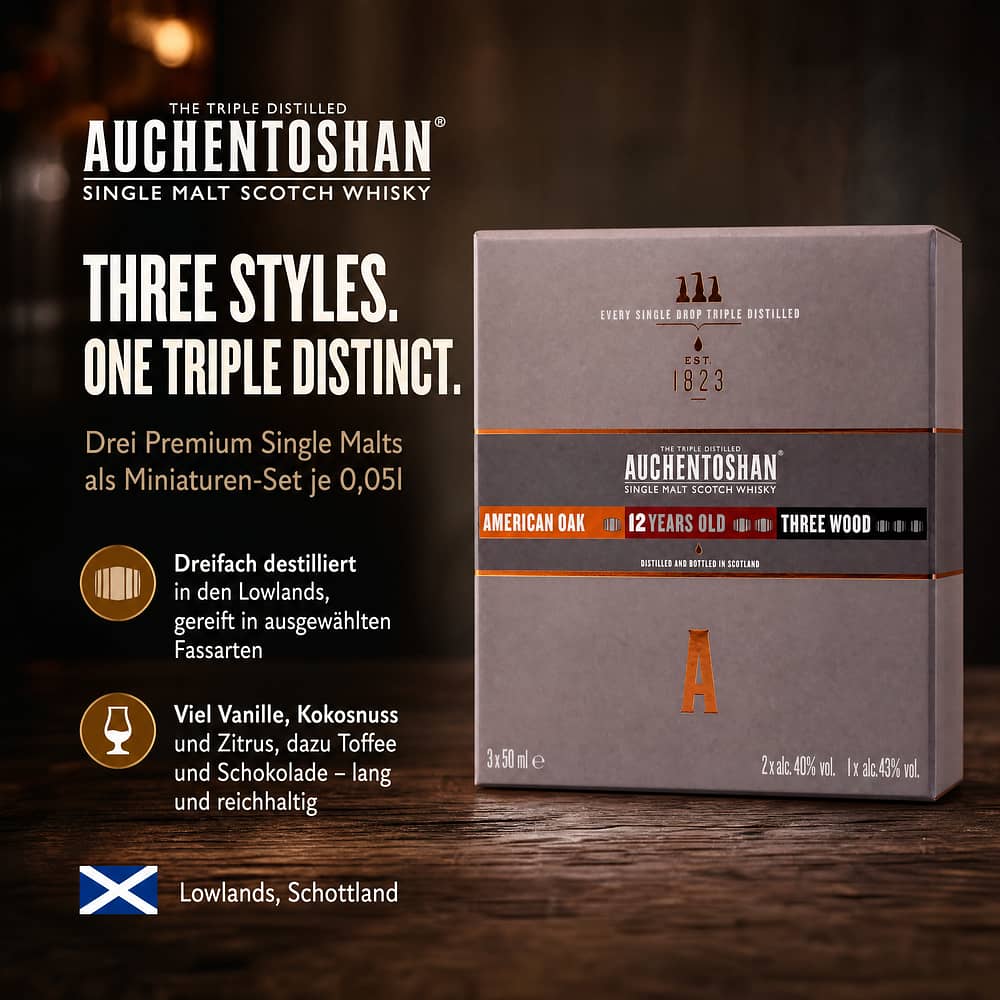 Auchentoshan Collection II  American Oak, 12 Jahre, Three Wood Miniaturen je 0,05l 0,150 Liter/ 41.0% vol Produktbild