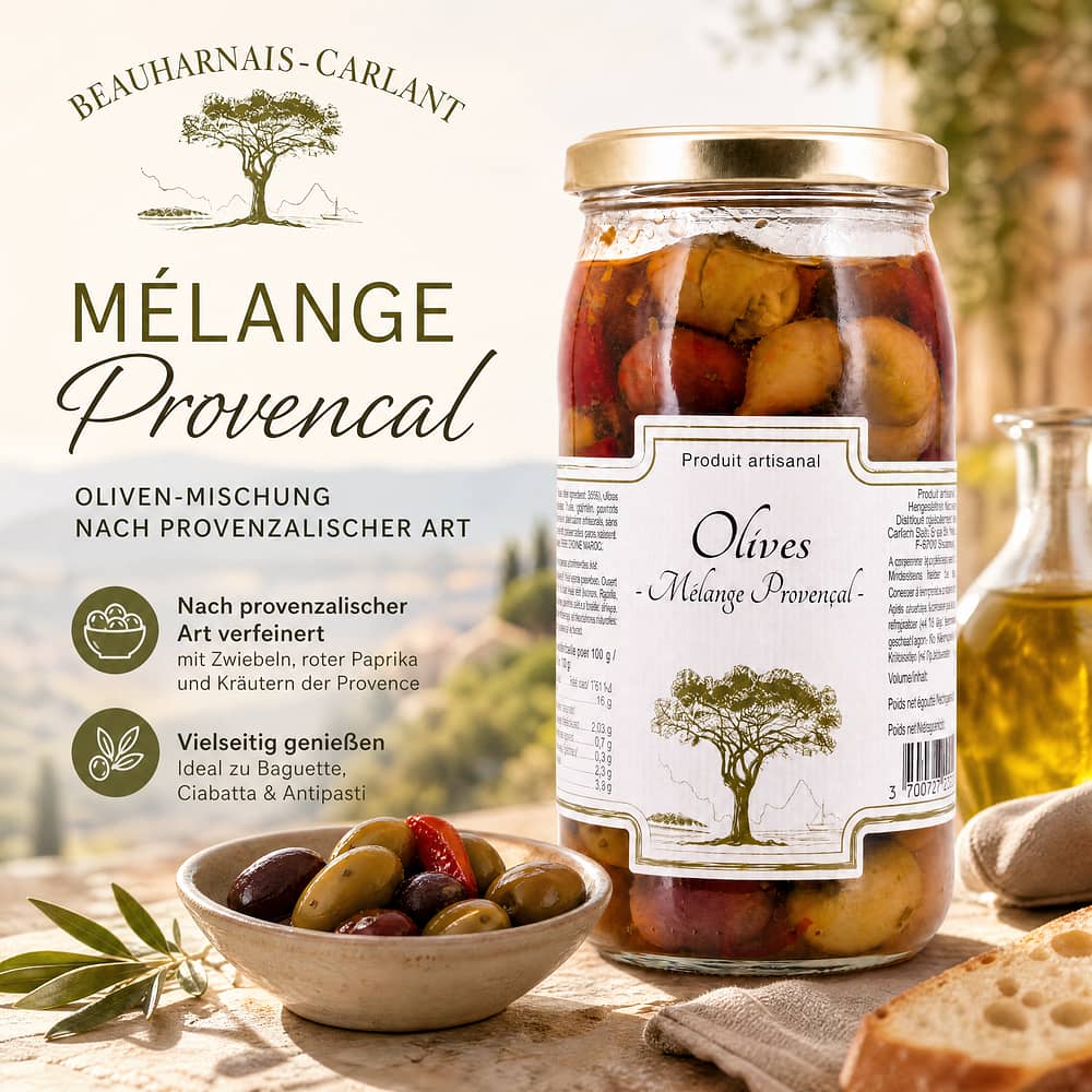 Beauharnais-CARLANT Olives -Mèlange Provencal- Oliven-Mischung nach provenzalischer Art 350g 200 Gramm Abtropfgewicht Produktbild