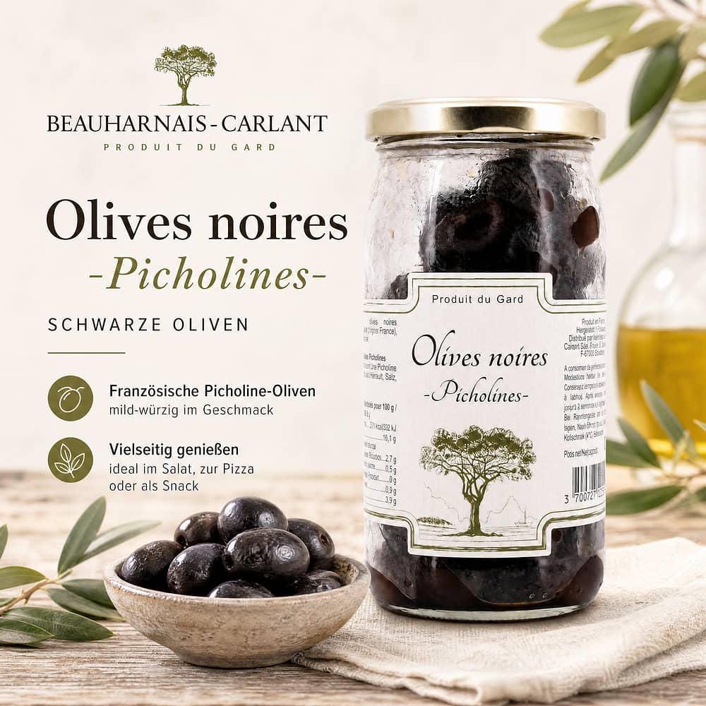 Beauharnais-CARLANT Olives noires -Picholines- Schwarze Oliven 200 Gramm Abtropfgewicht Produktbild