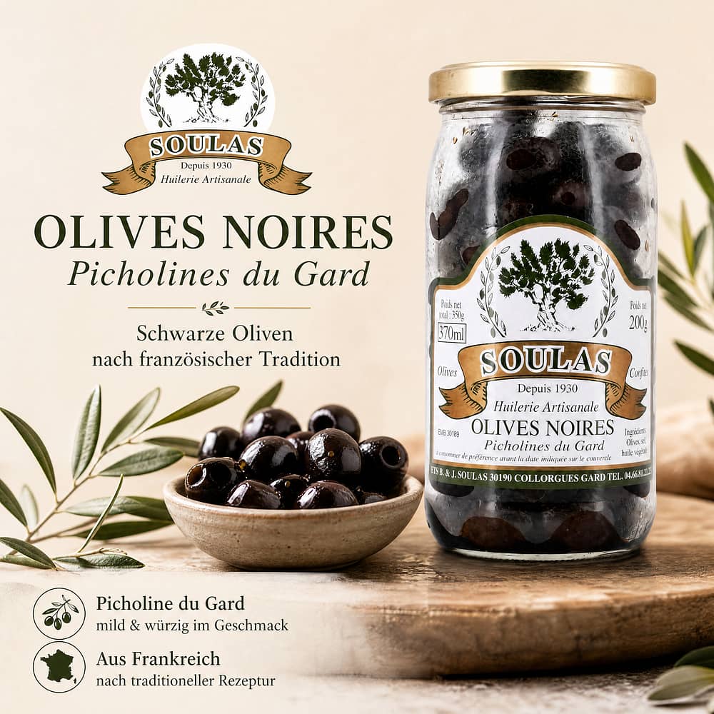 Beauharnais-CARLANT Olives Noires Soulas Picholines du Gard Schwarze Oliven 200 Gramm Abtropfgewicht Produktbild
